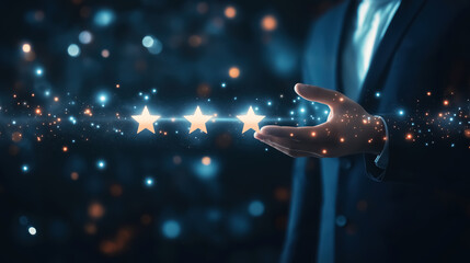 A virtual screen for a customer service review and performance review of efficient work or a business plan using online technology, against a dark blue background with copy space