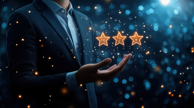 A virtual screen for a customer service review and performance review of efficient work or a business plan using online technology, against a dark blue background with copy space