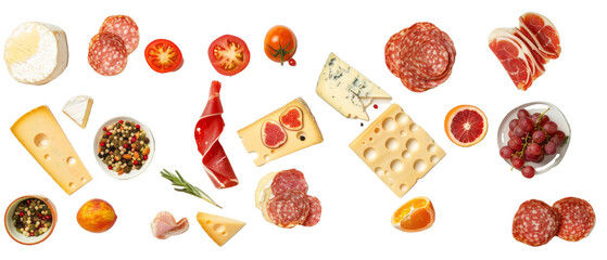 Set of isolated gourmet cheeses and cold cuts on transparent background. cut flower elements, garden themed designs. Top view high quality PNG." design elements, top view / flat lay.
