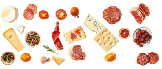 Set of isolated gourmet cheeses and cold cuts on transparent background. cut flower elements, garden themed designs. Top view high quality PNG." design elements, top view / flat lay.