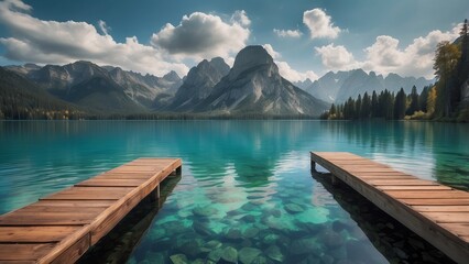 Obraz premium Wooden Dock Extending Over Clear Turquoise Water in Front of Mountain Range