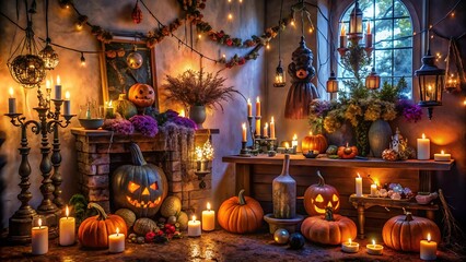 Obraz premium Carved pumpkins illuminated by a fire, casting eerie shadows on a wall, create a spooky autumnal ambiance