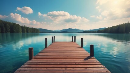 Naklejka premium Wooden Dock Extending into a Serene Mountain Lake