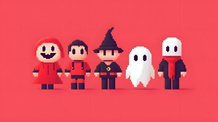 Five cartoon characters in Halloween costumes stand in a row against a red background.