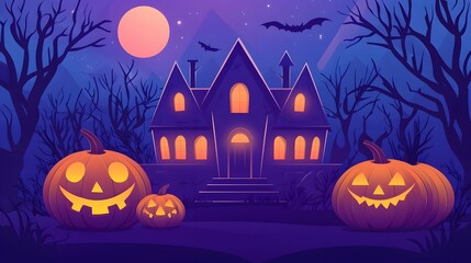Fototapeta premium Haunted house with glowing pumpkins and a full moon in the night sky. Perfect for Halloween backgrounds and decorations.