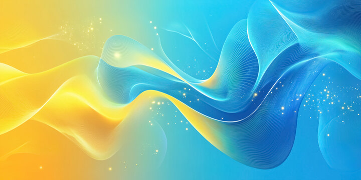 Design a vibrant summer abstract wallpaper featuring a smooth blue and yellow gradient with holographic qualities. Integrate dynamic color transitions, wave patterns