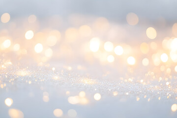 Fototapeta premium Abstract silver glitter and circle shaped bokeh on blurry background. Festive backdrop for holiday or event. Christmas and Happy New year background.