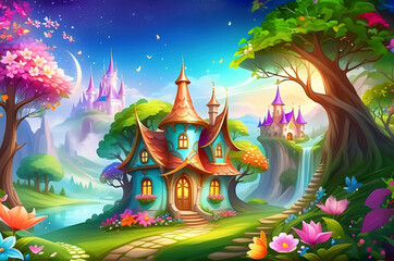 Fototapeta premium Fairytale kingdom houses in a forest landscape.