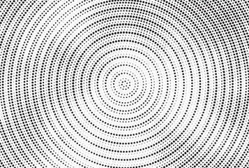 Radial halftone gradient background. Dotted concentric texture with fading effect. Black and white circle shade wallpaper. Grunge rough vector. Monochrome backdrop