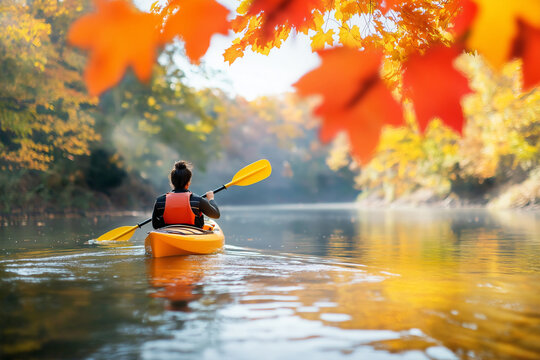 A kayaker enjoys a peaceful journey on calm waters, surrounded by vibrant fall leaves