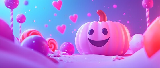 Smiling pink pumpkin surrounded by candy hearts and swirls.