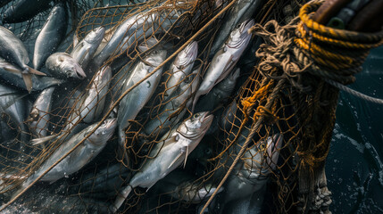 Fishing nets full of silver fish, tangled in ropes, underwater in the depths of the ocean