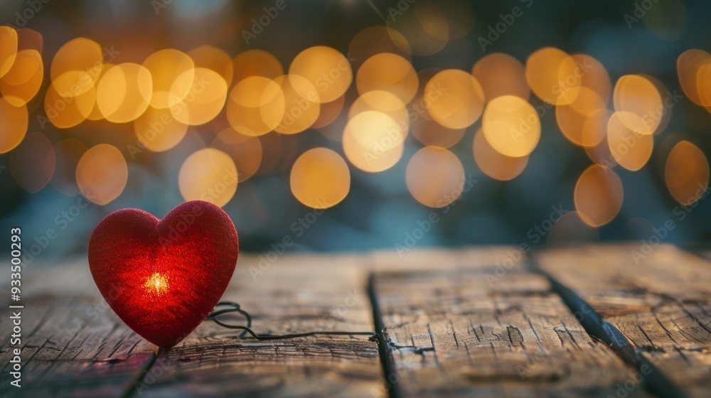 Poster a glowing heart-shaped light on a wooden surface with a bokeh background, creating a warm and romant