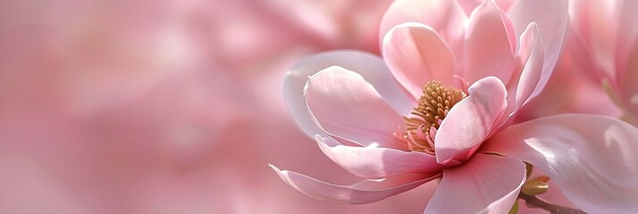 Beautiful blooming Chinese magnolia tree in spring garden. Closeup bloom flowers on sunny day. Woman's or Valentine Day. Romantic floral background for design greeting card, banner, poster, wallpaper