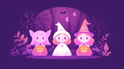 Obraz premium Three adorable girls dressed as a witch, ghost, and cat hold jack-o-lanterns in a magical forest.