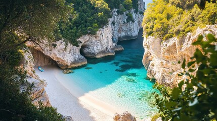 Secluded Cove with Turquoise Waters and White Sandy Shores, Nestled Among Towering Cliffs and Lush Vegetation. AI generated illustration