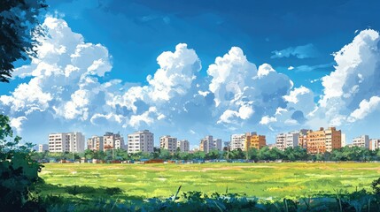 Cartoon depiction of Bengal ground with buildings far off in the distance, bright blue skies, and white clouds creating a cheerful atmosphere.