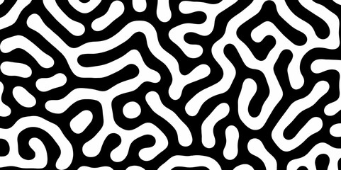 Abstract Turing organic wallpaper with background. Turing reaction diffusion monochrome seamless pattern with chaotic motion. Natural seamless line pattern. Linear design with biological shapes. © Mr John