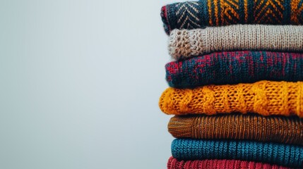 A neatly stacked pile of cozy, colorful sweaters, perfect for autumn and winter fashion, showcasing various knit patterns and textures.
