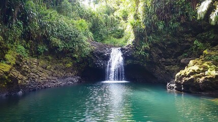 Secluded Waterfall Cascading into a Tranquil Pool Surrounded by Lush Tropical Foliage. AI generated illustration