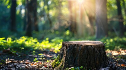 Fototapeta premium A tree stump in a lush green forest, illuminated by a ray of sunlight, creating a peaceful and serene woodland scene.