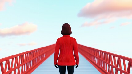 Woman on a bridge viewed from a perspective of someone approaching from the other side 3D illustration