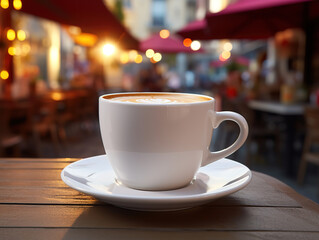 Superb White cup of coffee on white table with yellow backgrund