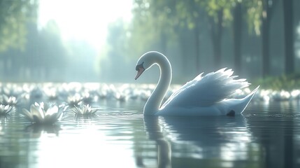 Fototapeta premium 4K Realistic Graceful swan gliding on serene pond,