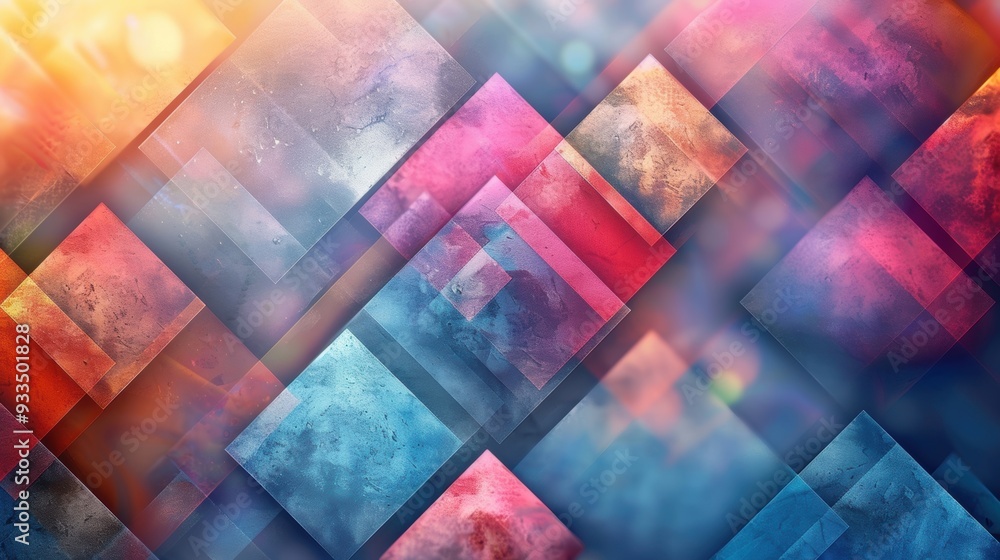 Poster a vibrant abstract composition of colorful geometric blocks arranged in a dynamic pattern, with a mi