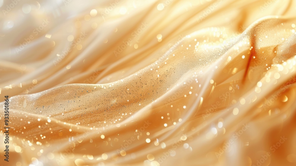 Poster a close-up of golden fabric with sparkling highlights, creating a luxurious and shimmering visual ef