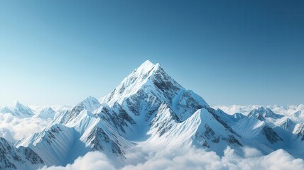 Obraz premium A detailed 3D illustration of a mountain range with snow-capped peaks beneath a clear blue sky, showcasing the grandeur of nature. 