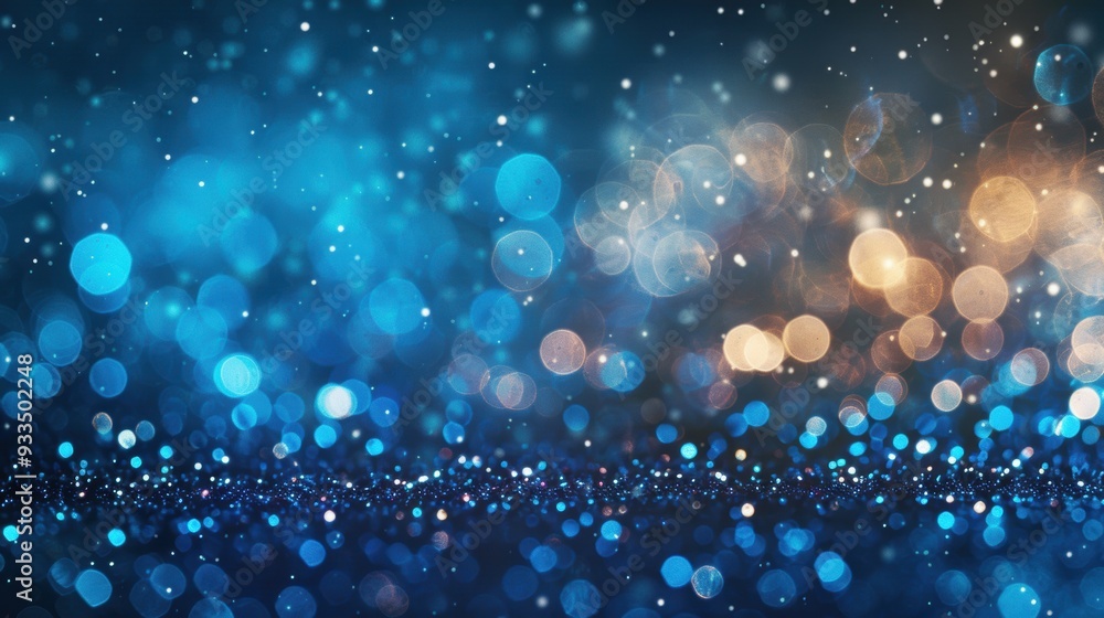 Poster a mesmerizing blend of blue and gold glitter creating a sparkling bokeh effect, perfect for festive 