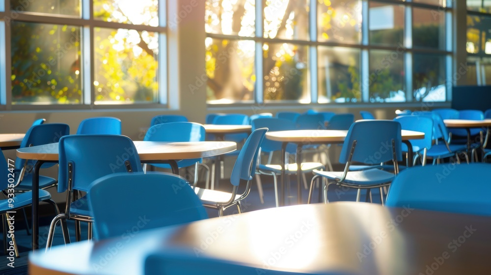 Poster an empty cafeteria with blue chairs and tables bathed in sunlight, creating a bright and inviting sp