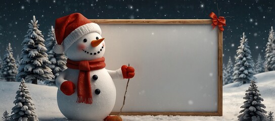 Christmas background. 3d snowman holding white board. Winter holiday blank banner template. Happy New Year greeting card mockup. Funny festive character