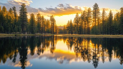 Fototapeta premium Golden hour illuminates a peaceful lake, with tall trees mirrored perfectly on the water, emphasizing nature symmetry and tranquility.