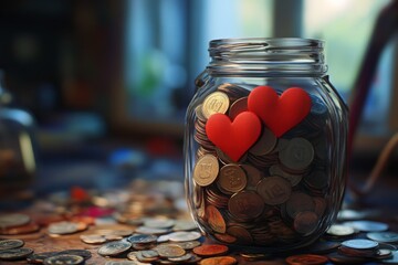 'A large money jar overflowing with coins and two red heart shapes adorn the outside, placed on a cluttered charity event table.'
