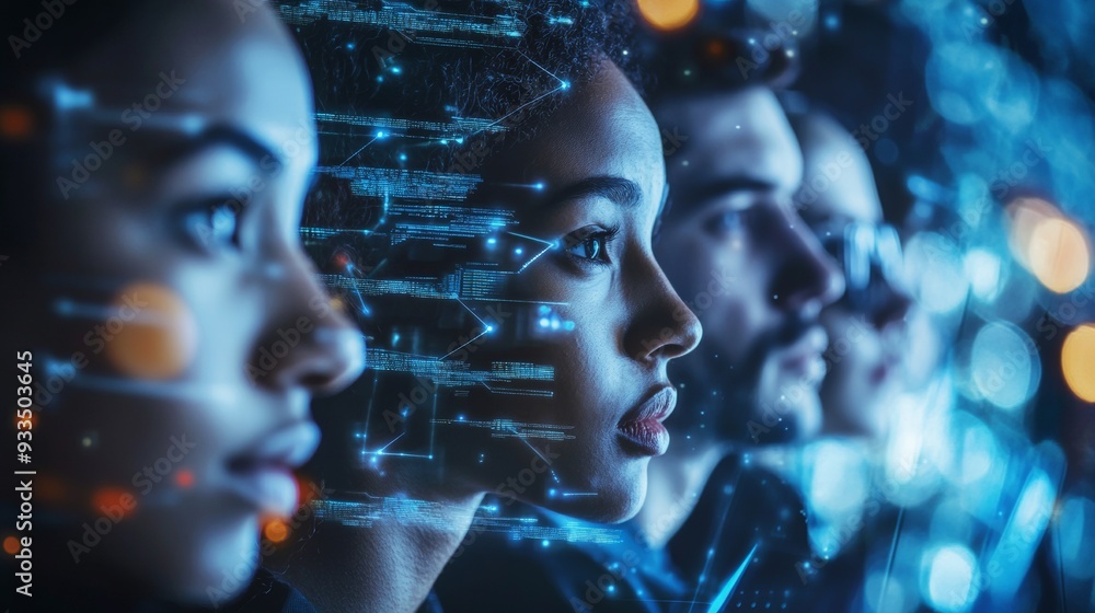 Poster ai cybersecurity threat concept. multiethnic it team analyzing data, side profile
