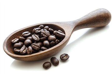 Obraz premium A coffee bean scoop with roasted beans on solid white background, single object