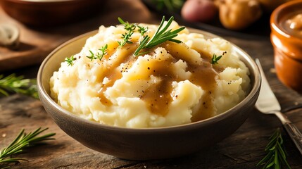 A bowl of creamy mashed potatoes with gravy, served alongside roast turkey