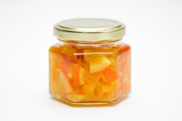 Glass Jar of Orange Jam with Metal Lid Isolated on White