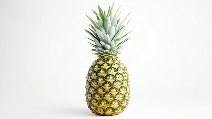 A fresh pineapple with spiky crown on solid white background, single object