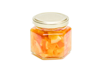 Orange Marmalade in Glass Jar with Metal Lid Isolated on White
