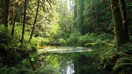 Obraz premium Secluded Forest Glade with a Crystal-Clear Pond Surrounded by Towering Trees and Thick Underbrush. AI generated illustration