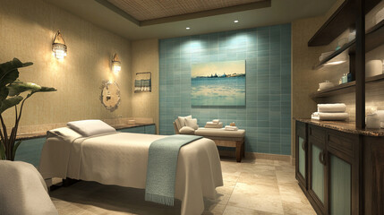 Fototapeta premium Coastal-inspired spa room with calming ambiance