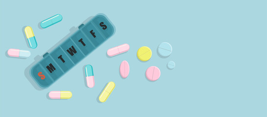 Vector banner scattered tablet, capsule and pill from tablet organizer, close up medication box for every day of the week. Minimalistic medical concept in pastel colors in simple flat style.