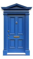 Classic wooden blue framed door isolated on white background