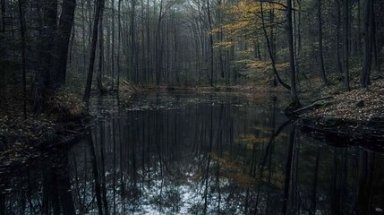 Still, Dark Forest Pond with a Perfectly Clear Reflection of Surrounding Trees, Interrupted Only by Ripples from a Falling Leaf. AI generated illustration