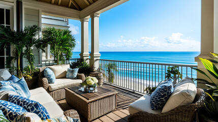 Fototapeta premium Coastal-style balcony with comfortable seating