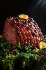 'A perfectly glazed ham, adorned with cloves and pineapple rings, resting on a bed of fresh greens.'