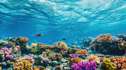 Fototapeta premium Vibrant Coral Garden Beneath a Tropical Sea with Colorful Corals and Schools of Fish Swimming Through Crystal-Clear Water. AI generated illustration